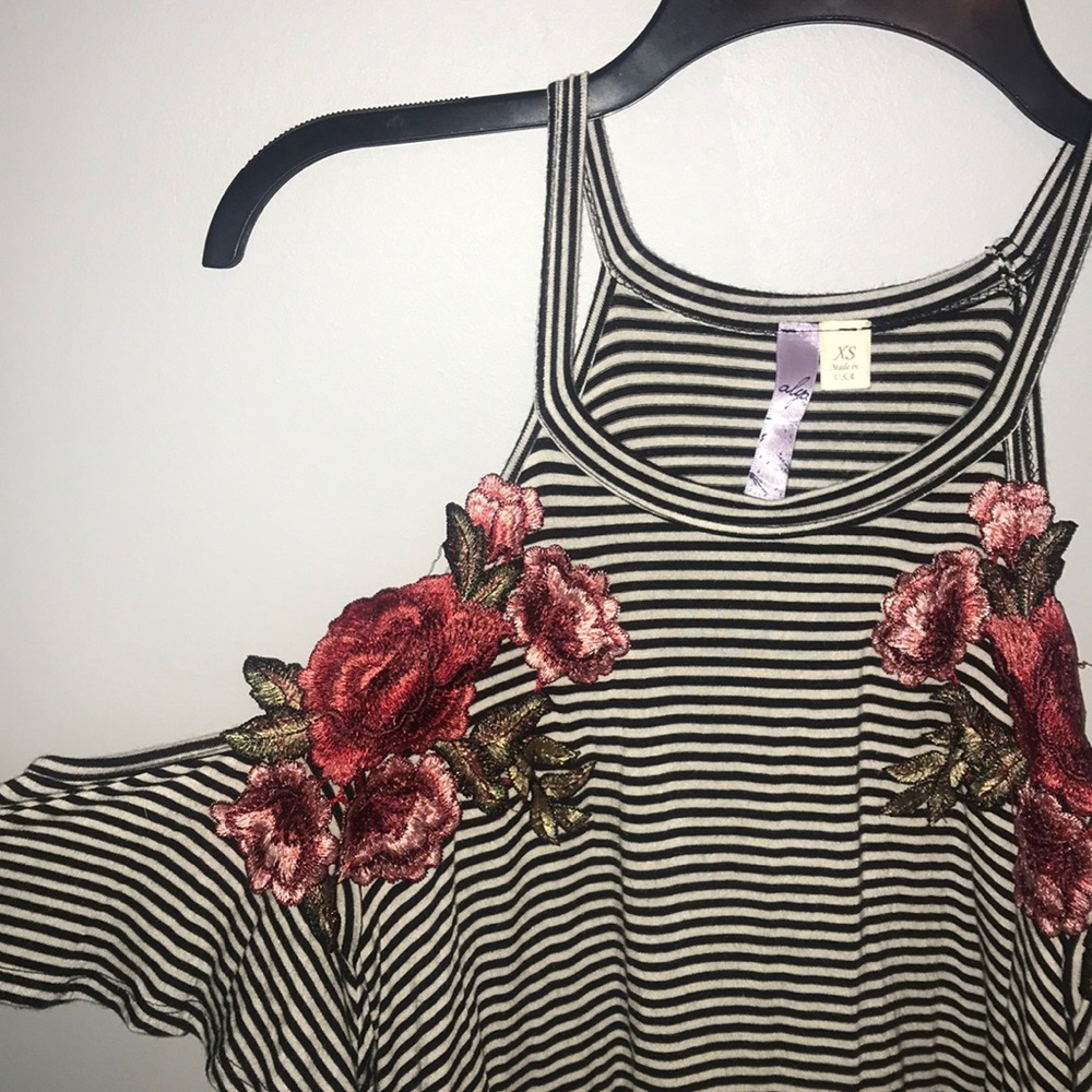 Striped Cold Shoulder Top with Rose Embroidery
